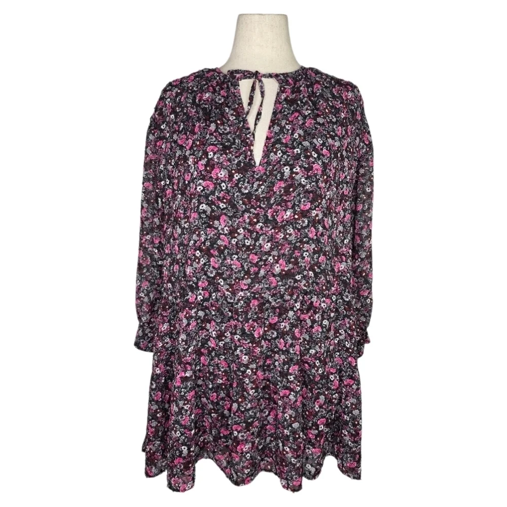 Zara Black Pink Floral Long Sleeve Tiered Mini Dress Size M Boho Cottagecore